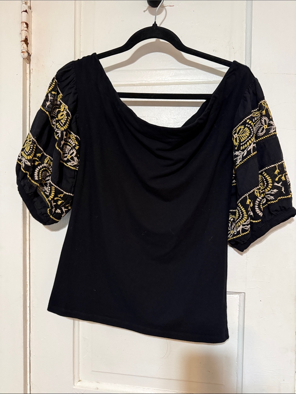 Free People Black Top with Yellow Embroidered Puff Sleeves